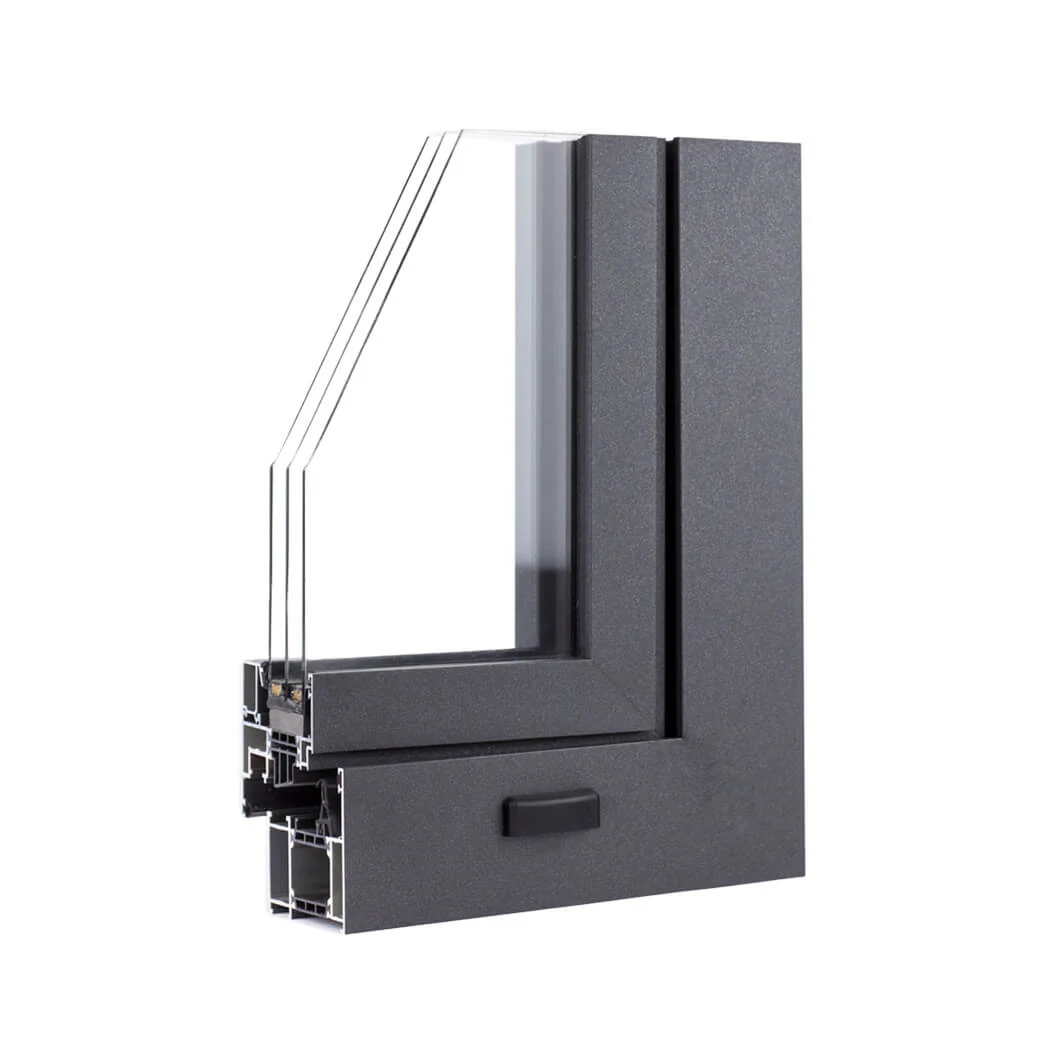 Black thermally-broken aluminum window corner sample from a Polish factory