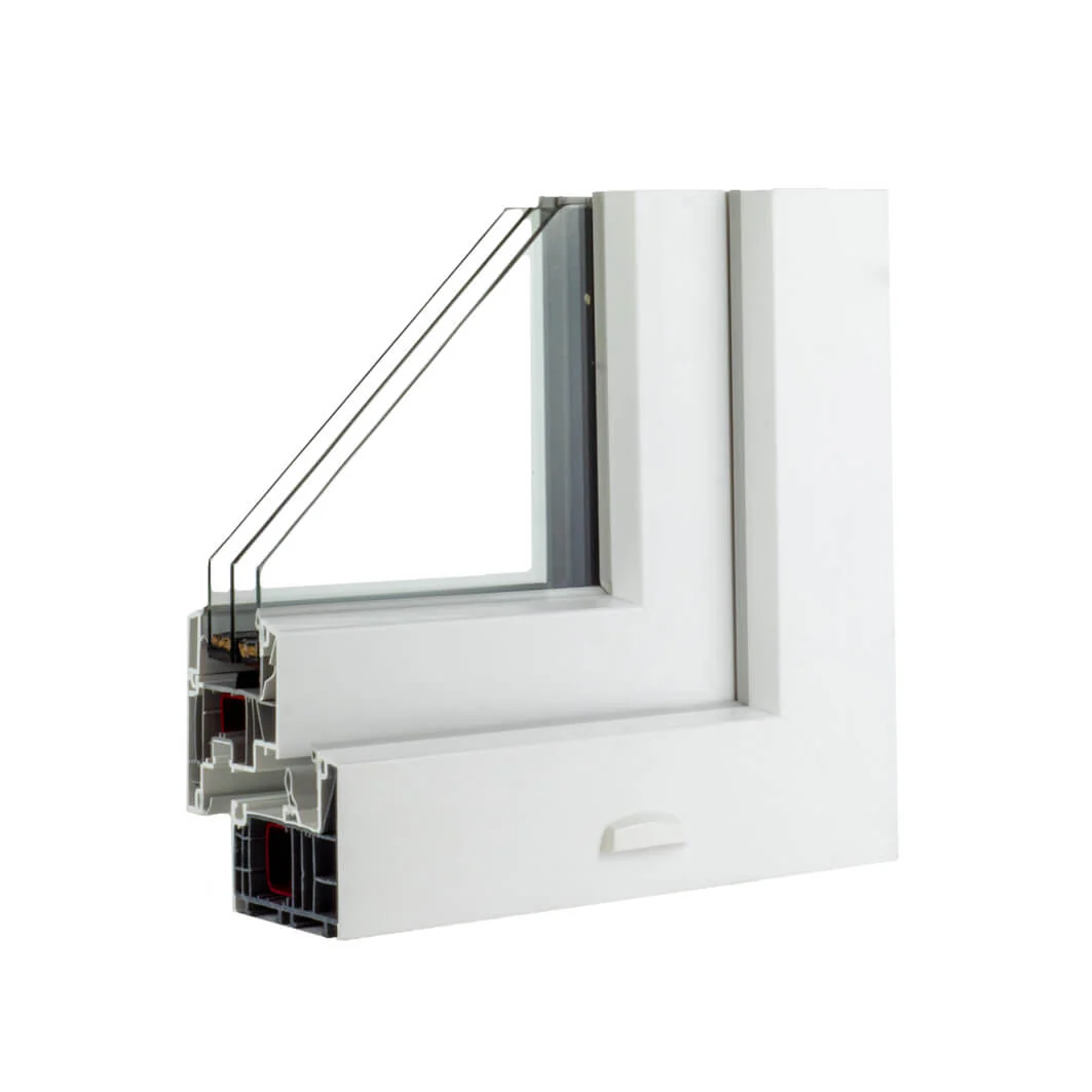 White multi-chamber PVC window corner sample from a Polish factory